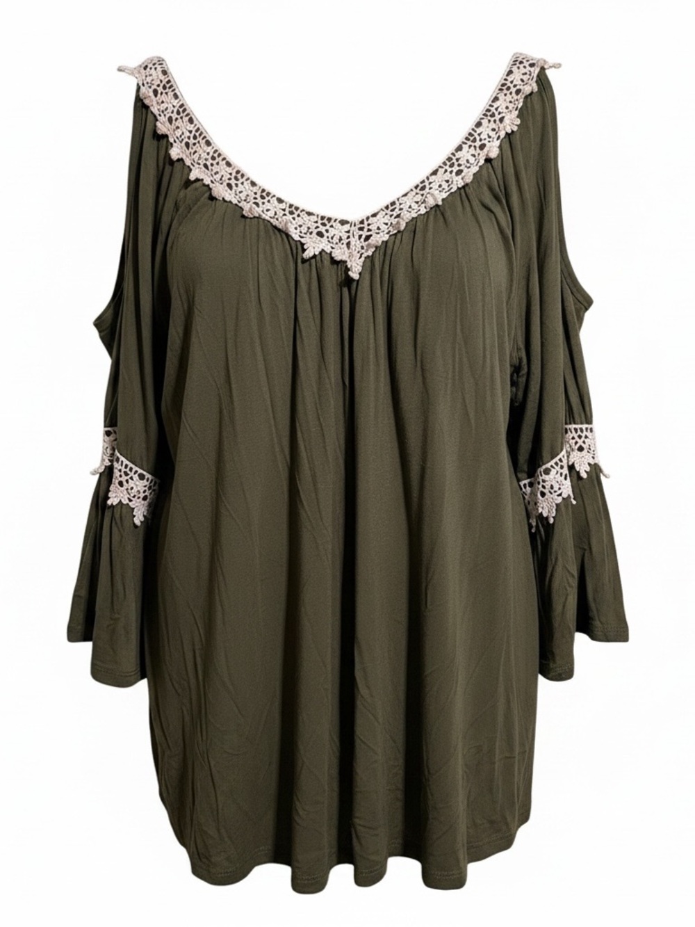 Olive Cold-Shoulder Tunic with Crochet Trim